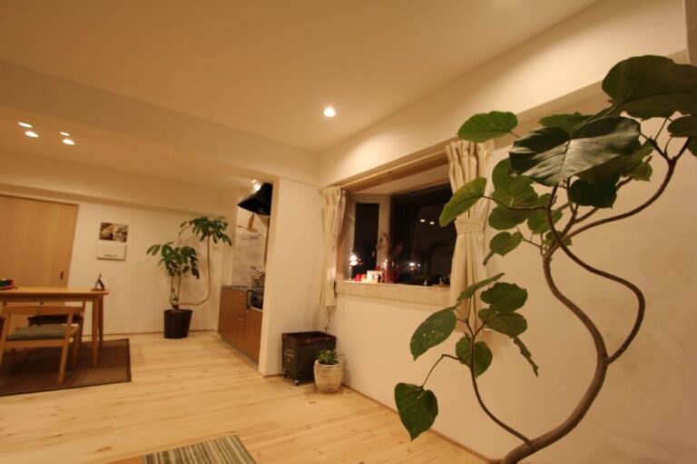 無垢材と漆喰と植栽と照明